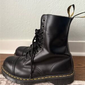 Black Smooth Leather Lace-Up Ankle Boots—steel toe